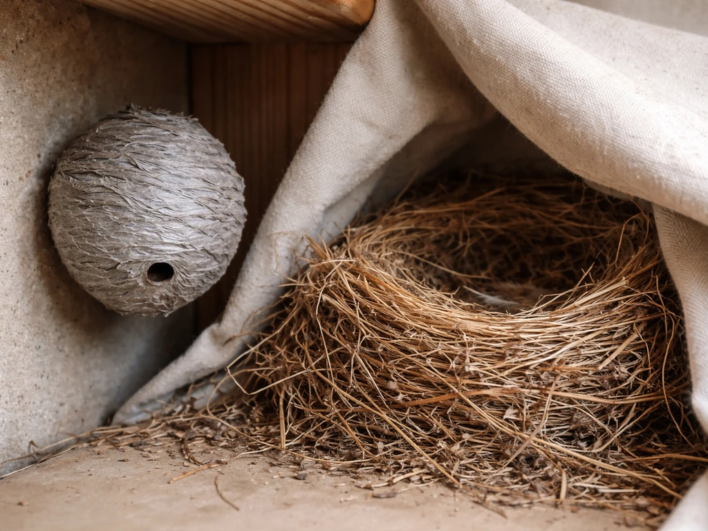 Gray papery wasp nest with entrance hole beside a loosely woven bird nest under fabric.