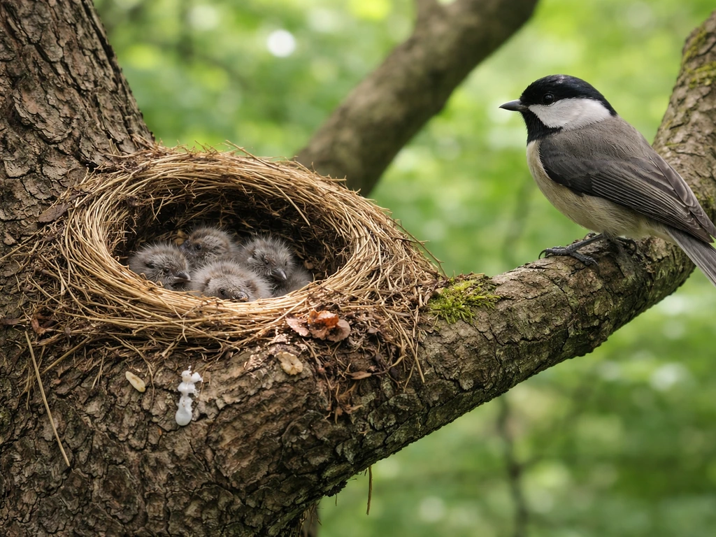 Bird nest in a tree with visible chicks and nearby adult bird from a safe distance.