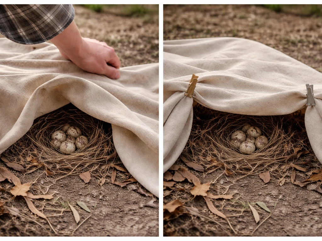 Two-panel photo: active nest left undisturbed, and fabric secured with clips so it can’t fall on chicks.