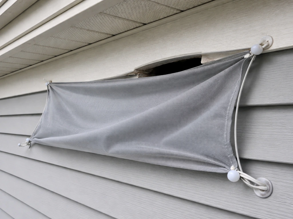 Fabric barrier secured over a small open gap, with a humane exclusion-style re-route setup near a building eave.