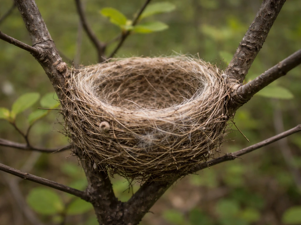 Close-up of an American goldfinch nest cup in a branch fork with visible fibers and twigs.