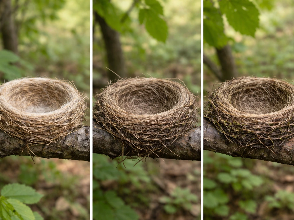 Close-up of finch nests in a small branch cavity, showing distinct cup shapes in one habitat