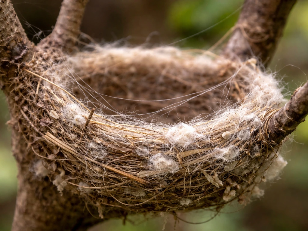 Macro view of a small nest showing loose stems, spider silk, and pale gray/cream fibers for ID.