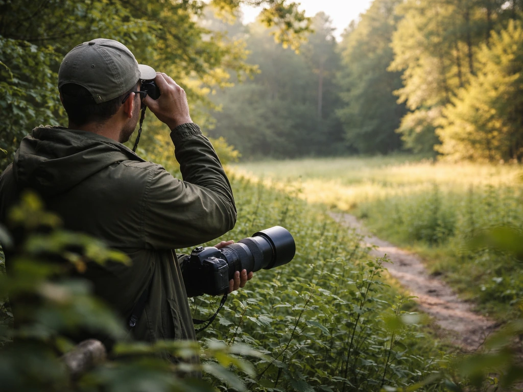 Observer behind foliage using binoculars and a telephoto lens at a safe distance from birds’ nest area.