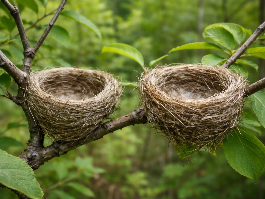 Close-up of two small open-cup bird nests in shrubs, one tighter-lined and placed differently than the other.