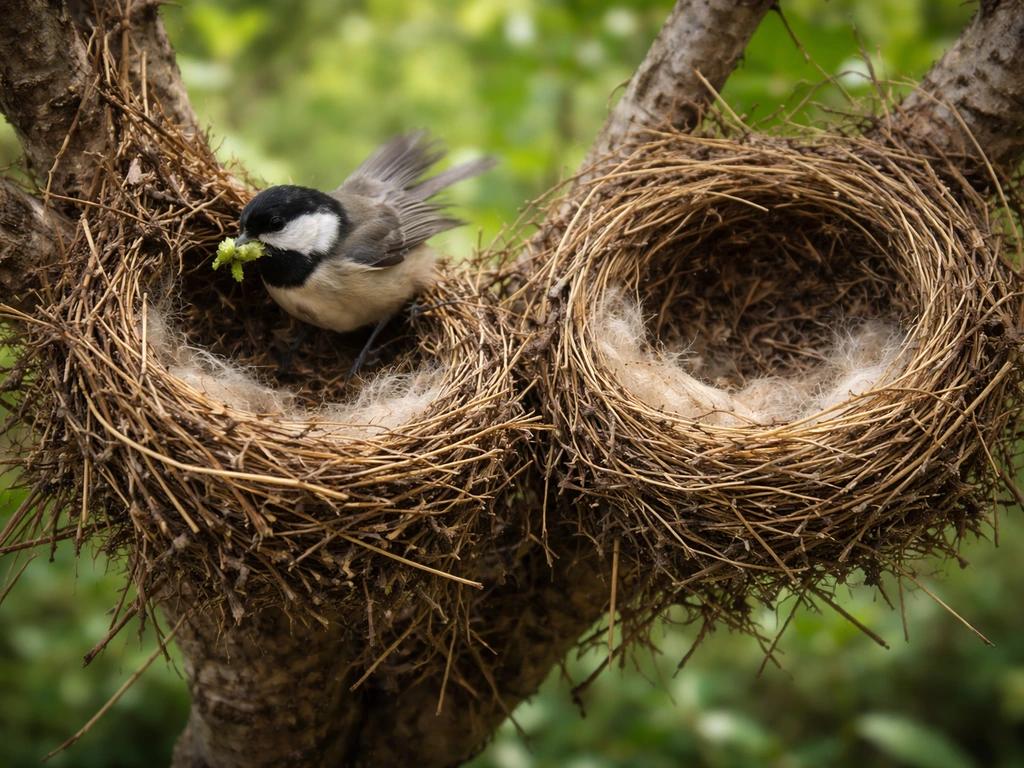 Bird nest close-up showing one area with active adult visits and another nest area with no current use