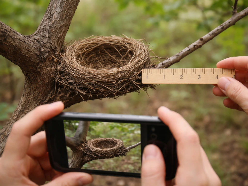 A phone and ruler held safely near a bird nest on a low branch in daylight