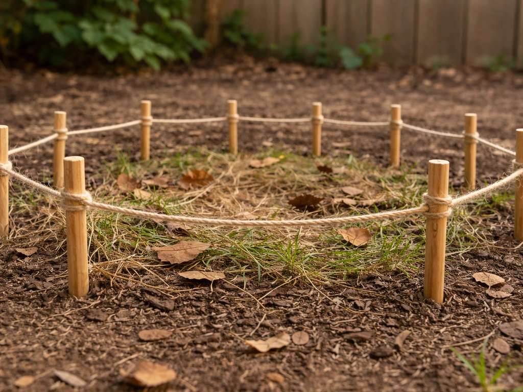 Temporary wildlife barrier ring of stakes and twine placed around a quiet outdoor nesting area.