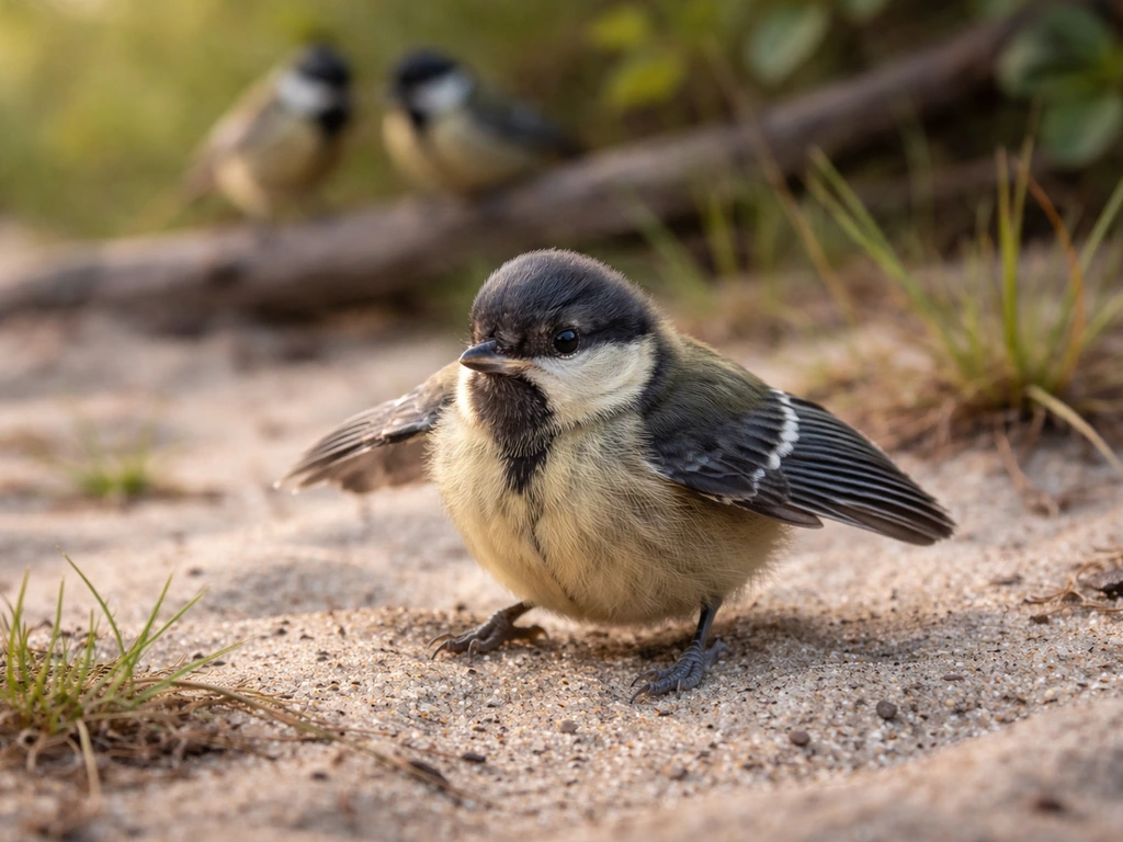 Healthy feathered fledgling hopping on the ground, with adult birds nearby in soft focus.