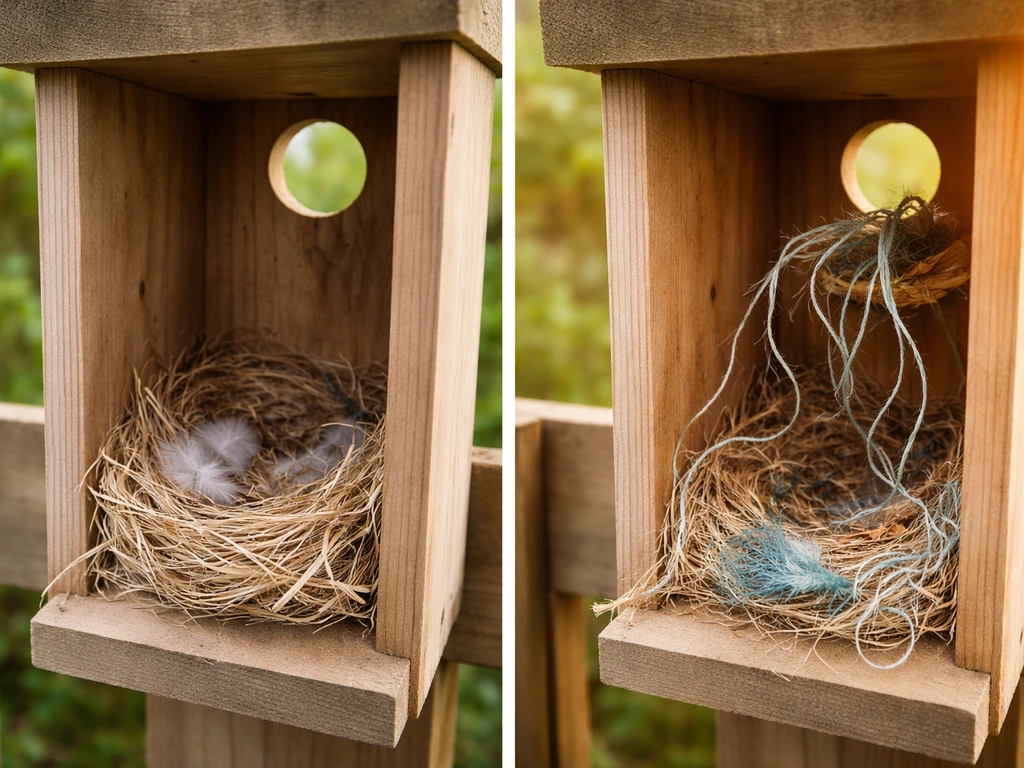 Bird nest box with natural nesting fibers, with a separate highlighted area showing hazardous string to avoid.