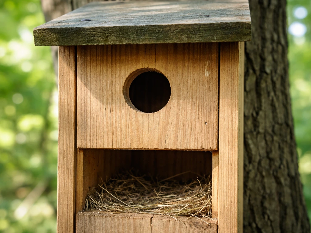 Close-up of a wooden cavity bird nest box on a tree with the entrance hole and interior visible.