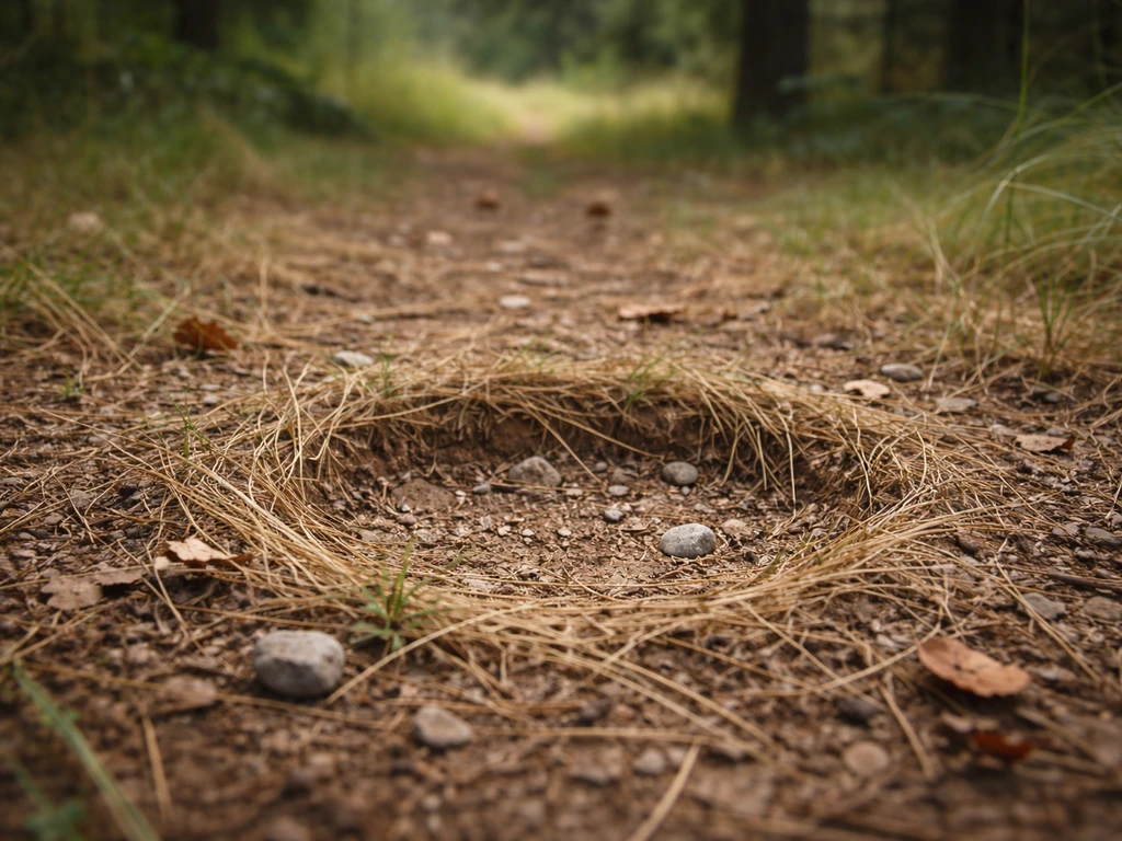 Ground-level nest scrape with thin dry grass, a few pebbles, and leaf debris in earthy forest soil.