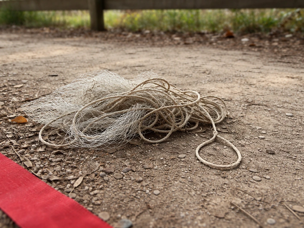 Close-up of tangled string and net-like fibers on the ground with a subtle red warning cue.