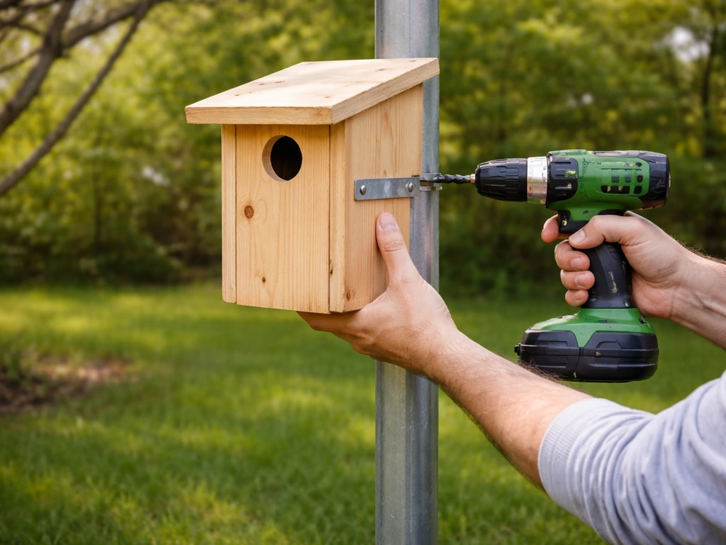 Person mounting a small wooden nest box on a smooth pole at correct height, facing the right direction