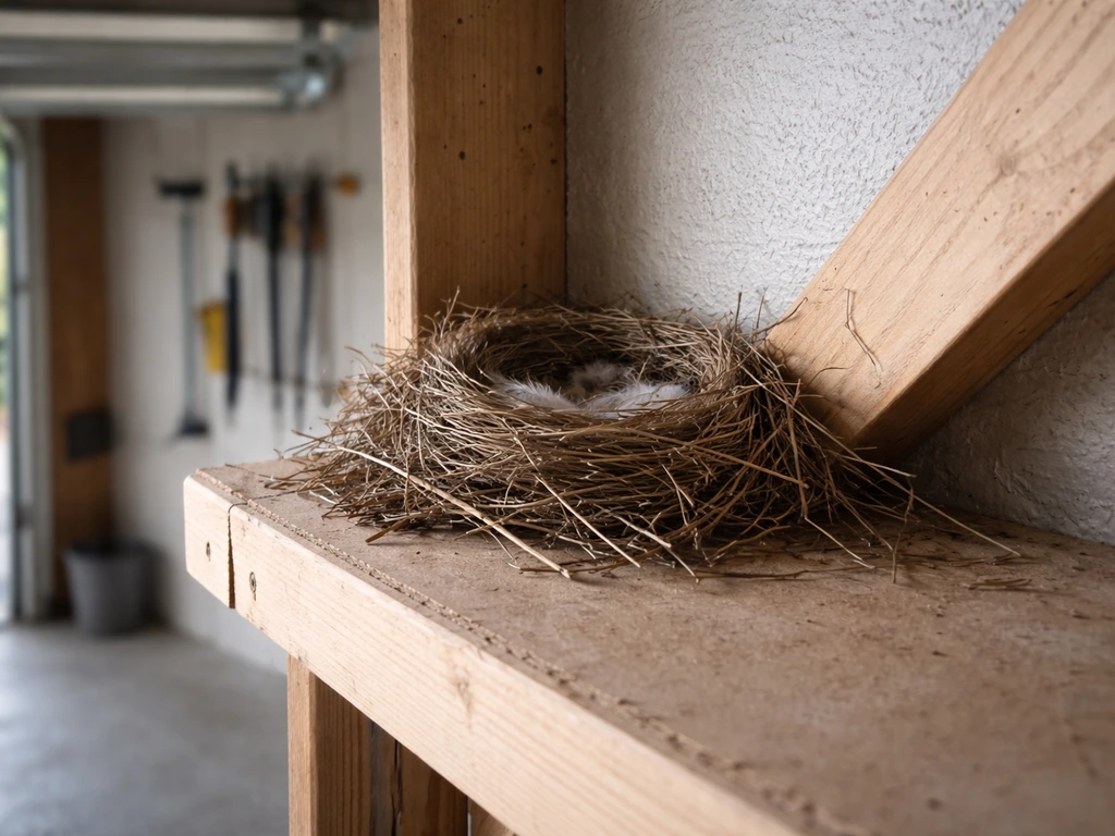 A small bird nest in a garage corner, tucked in an undisturbed spot on a rafter shelf