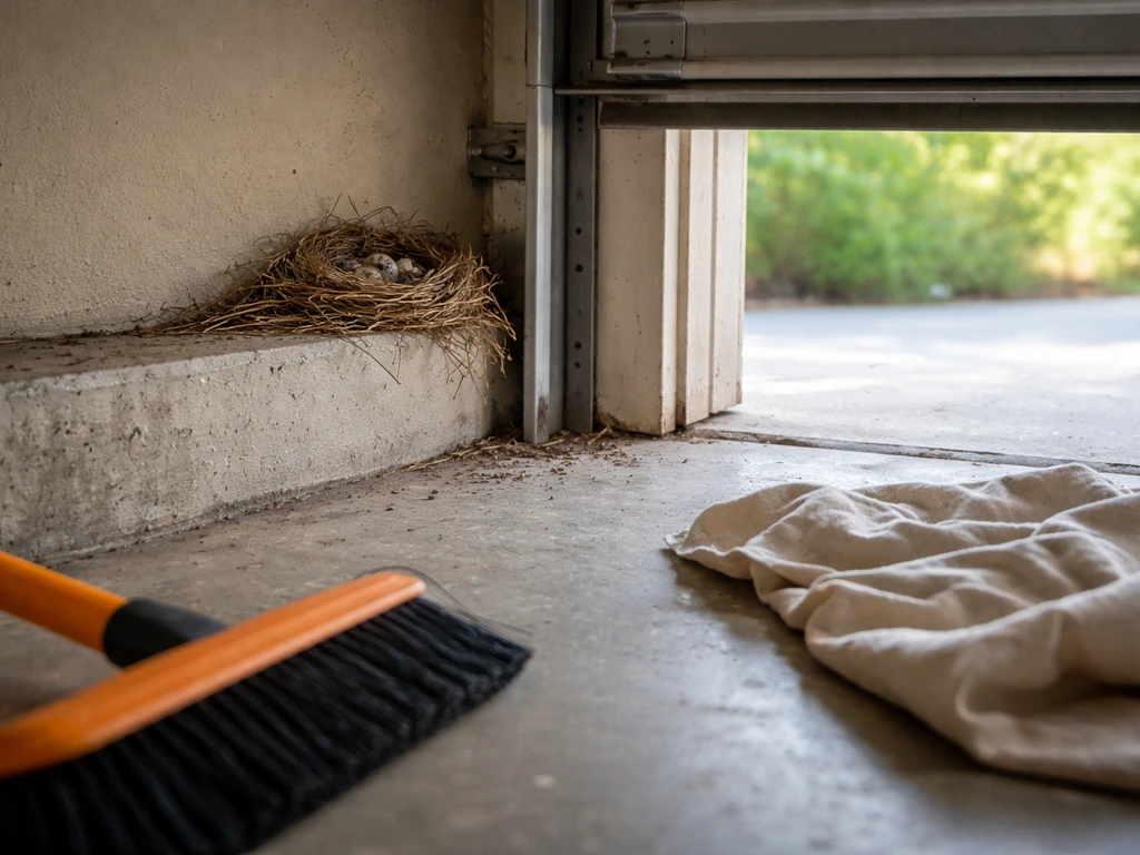 Close-up of a bird nest in a garage corner with a broom nearby, highlighting not to touch or cover the nest.