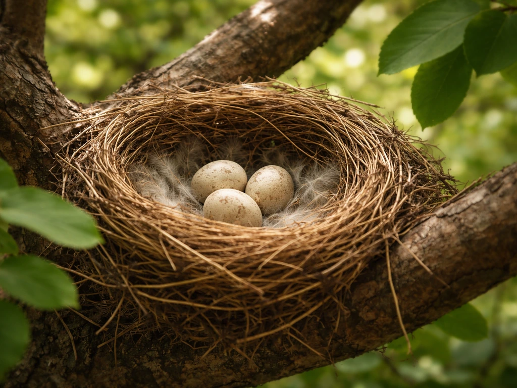 Bird nest with visible eggs in a quiet tree branch, softly lit and clearly intact.