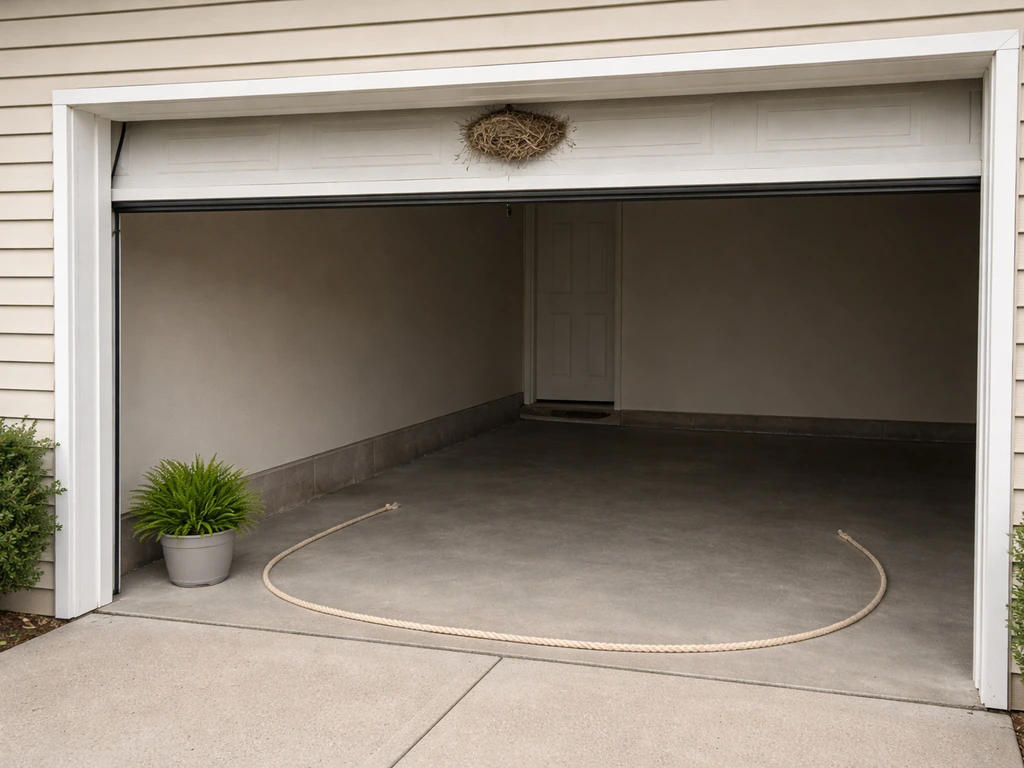 Open garage door showing a barn swallow nest under the eave with a clear leave-it-alone boundary.