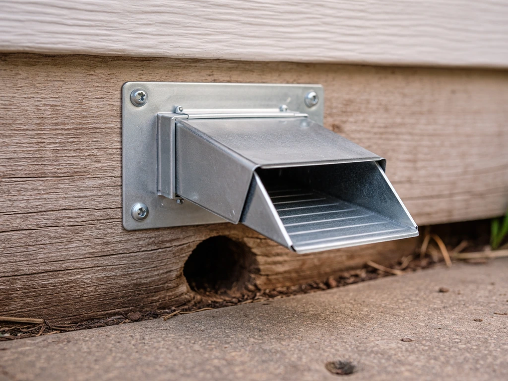 Close-up of a one-way exclusion flap/tunnel mounted over a small bird entry hole.