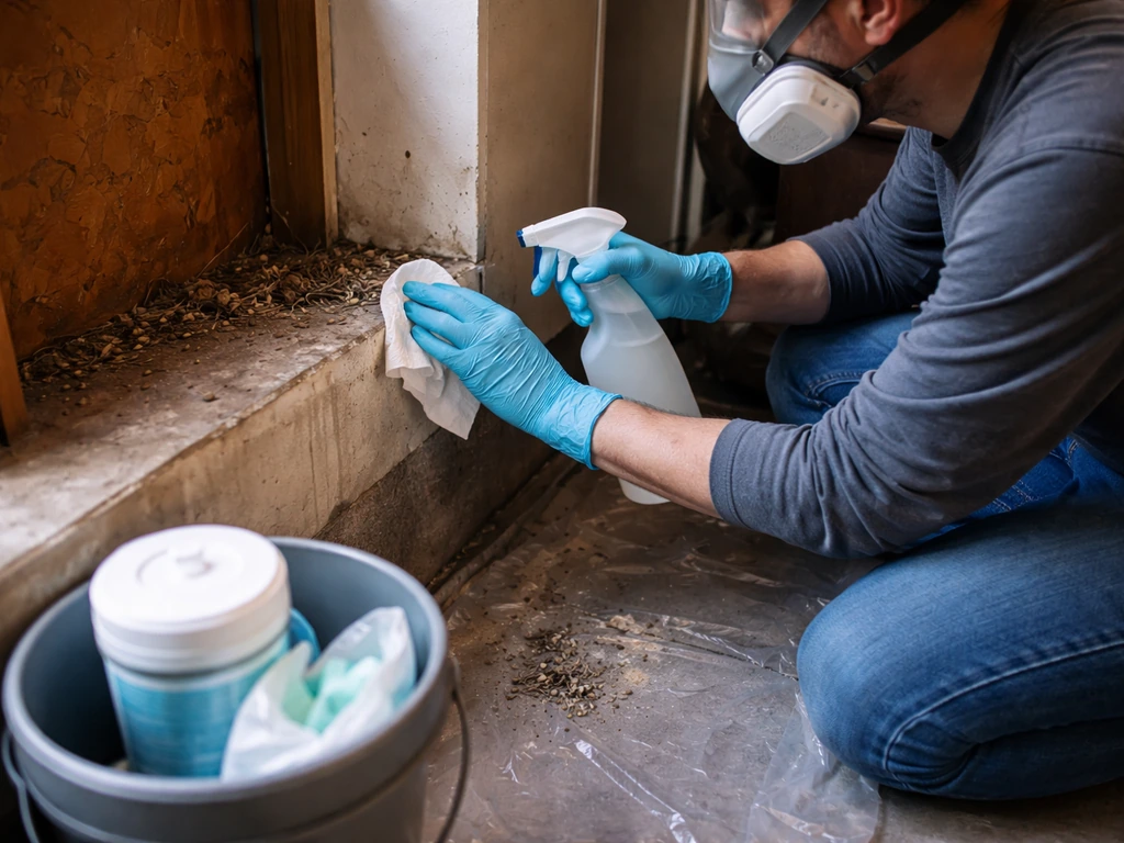 Gloved person in a garage corner cleaning dried bird droppings and nest debris with bleach solution