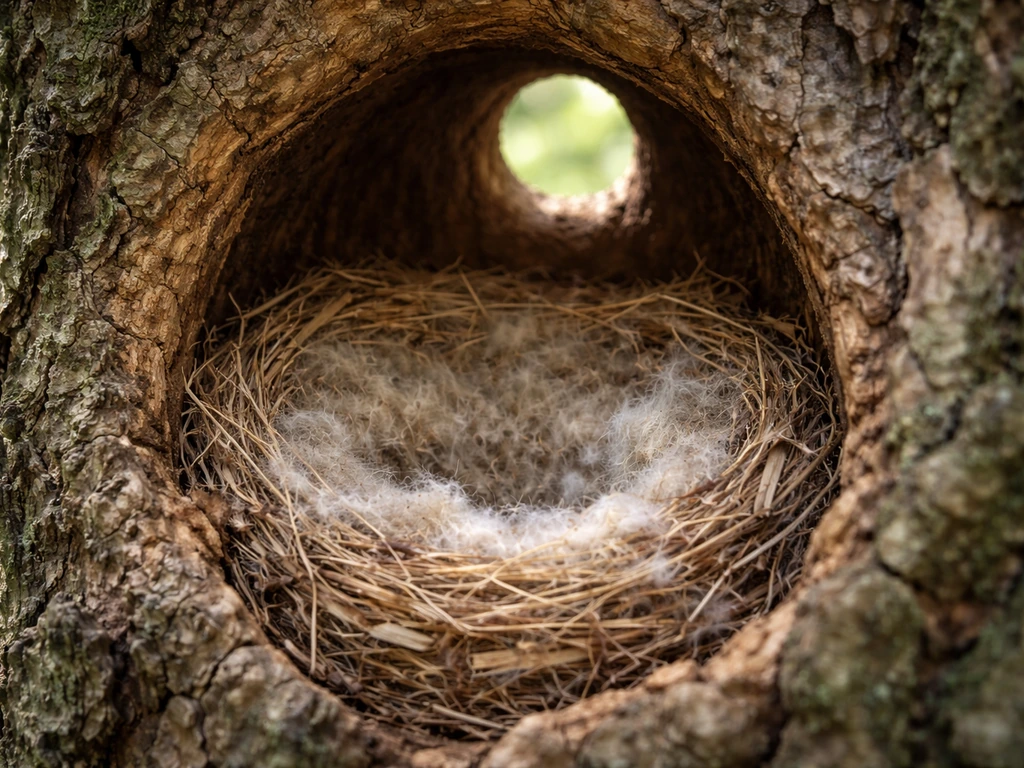 Close-up of a chickadee-like nest in a tree cavity with a small round entrance and fuzzy lining.