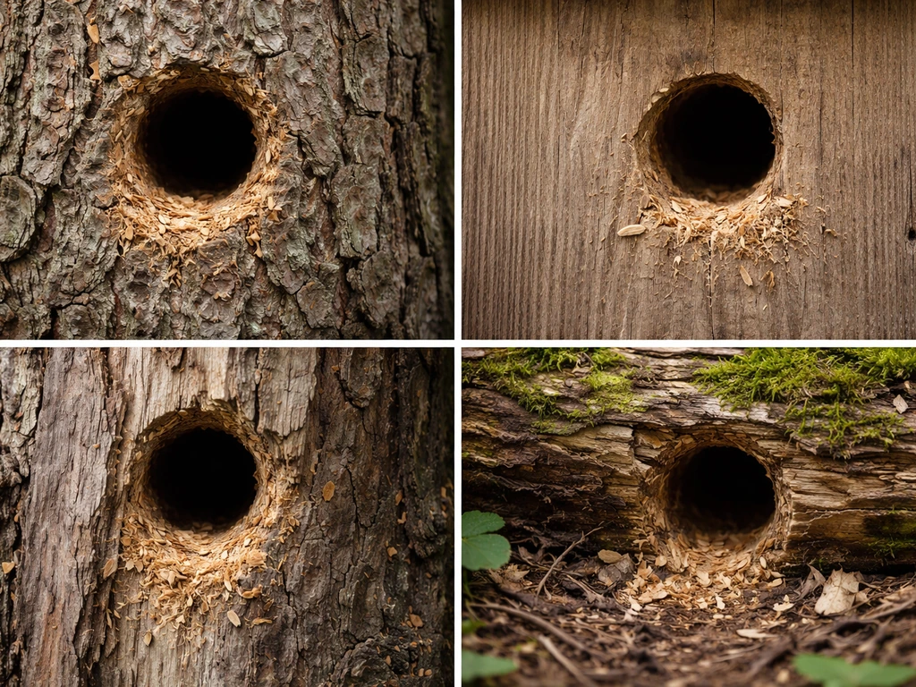 Overhead side-by-side photos showing small circular chickadee-like cavity openings on tree bark and a nest box.