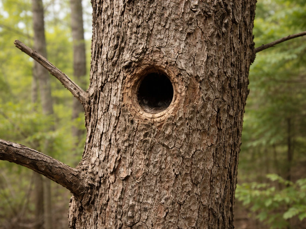 Woodland tree snag with a small cavity entrance in textured bark, chickadee-sized and about 10 feet up.