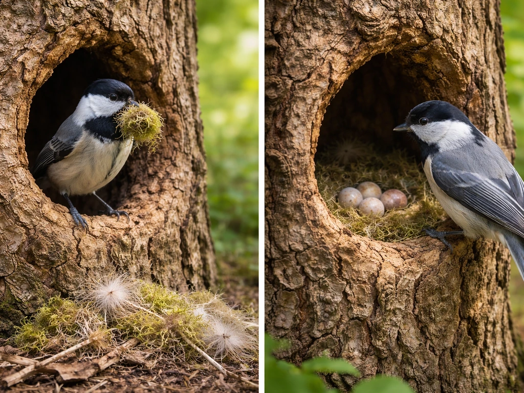 Two-part forest scene: chickadee at a tree cavity during nest building and later with lined nest and eggs.