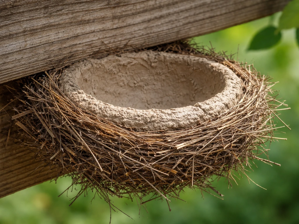Close-up of a small bird nest showing plastered mud texture, woven fibers, and coarse twigs in soft light.