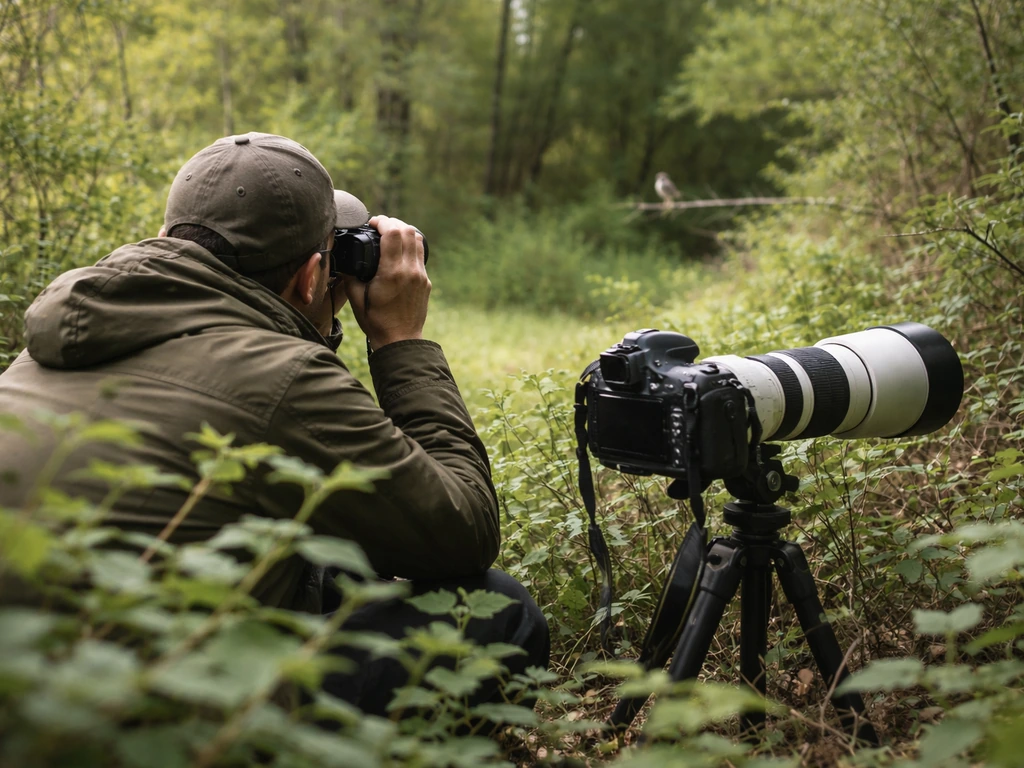Naturalist photographing a bird from behind foliage with binoculars and a long telephoto lens