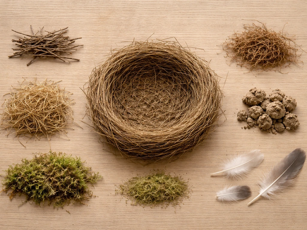 Top-down photo of a simple bird nest comparison scene with natural materials arranged in a neat grid