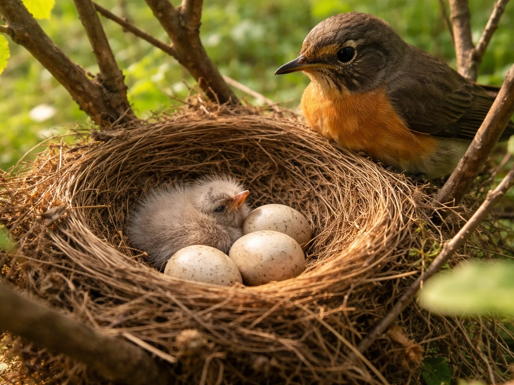 Active bird nest with visible eggs and chicks in a sheltered outdoor spot