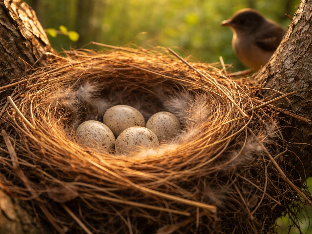 Woven bird nest with lined materials and eggs in a tree fork, with a bird nearby in soft light.