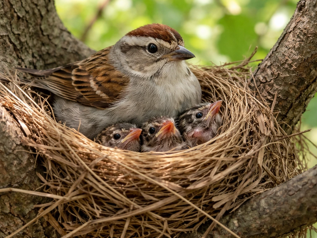 Adult bird brooding on a nest with small chicks visible in soft natural light.