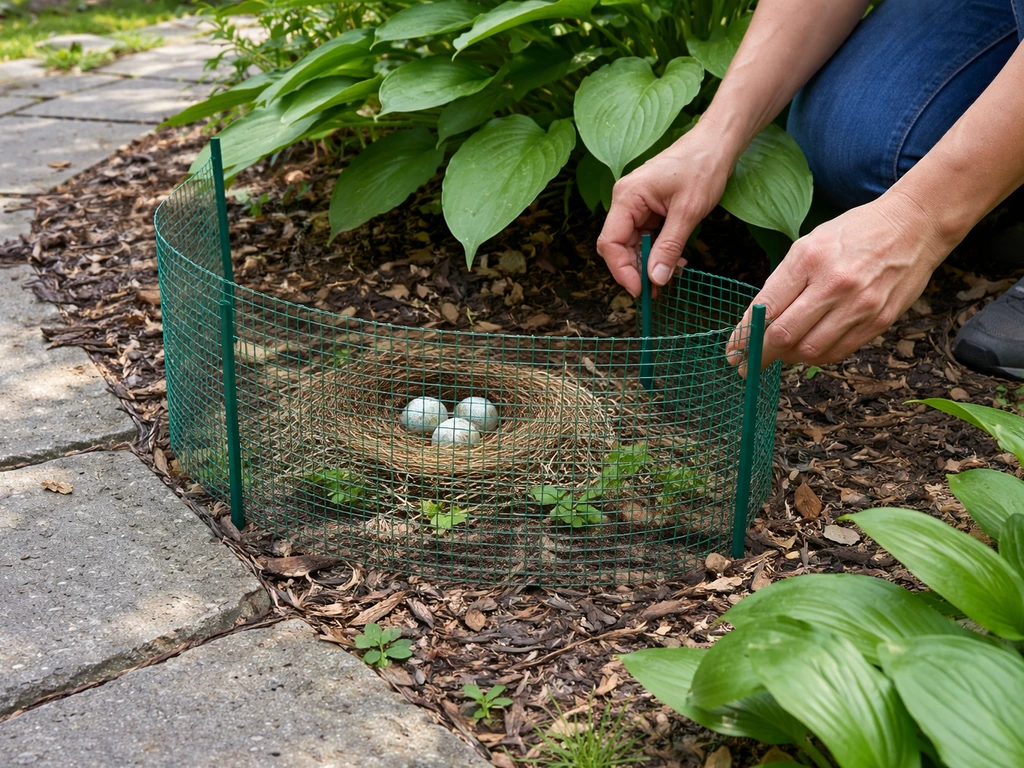 Gardener uses a small temporary barrier to keep pets away from a low bird nest near a yard walkway.