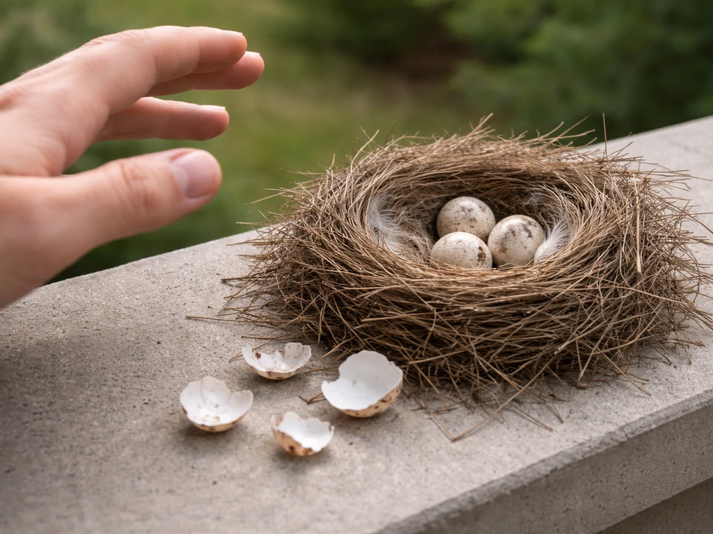 Human hand reaching toward a small bird nest with eggshells nearby, showing a don’t-touch mistake.