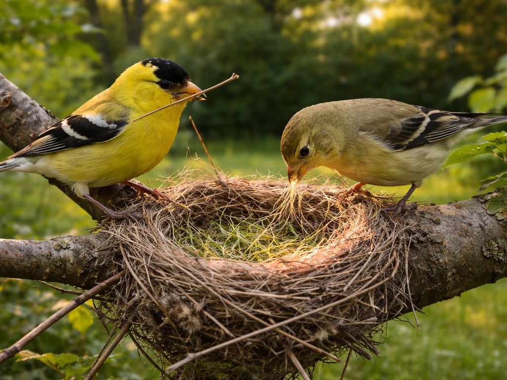 Male and female birds actively building a nest with twigs and grass at a natural garden site.