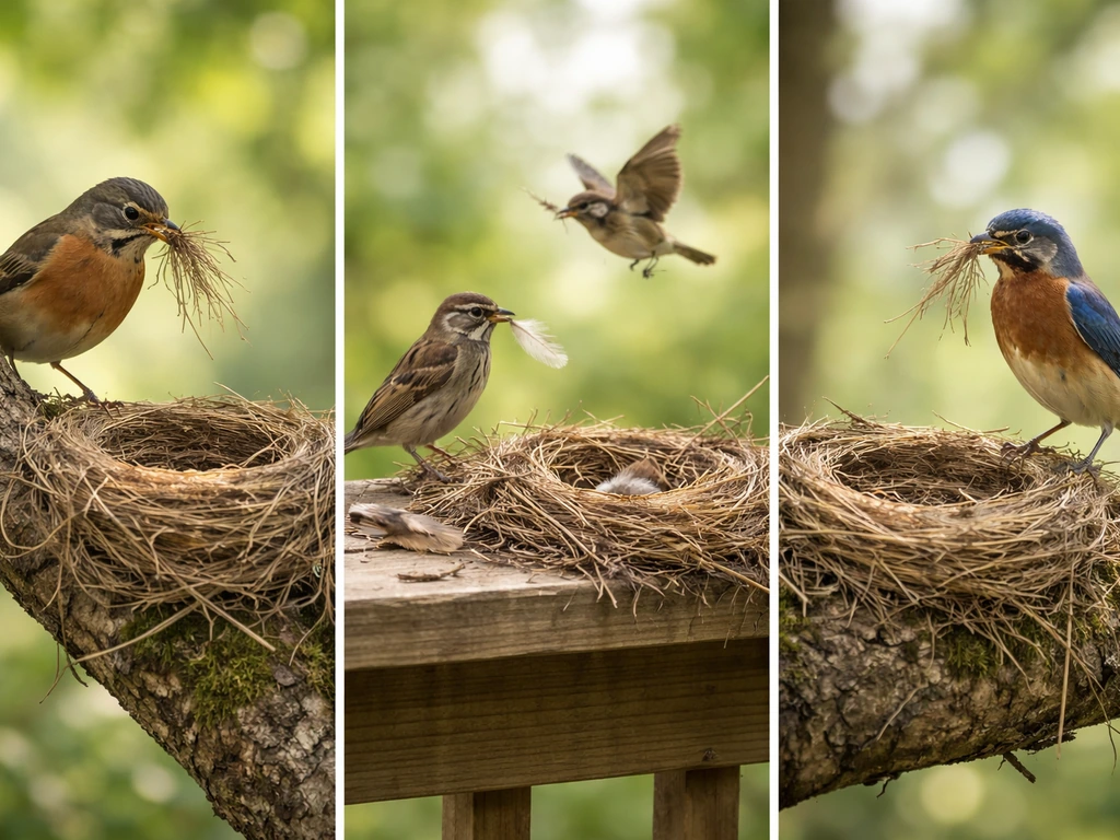 Three side-by-side scenes of birds bringing nesting material for mom-only, both, and dad-only roles.