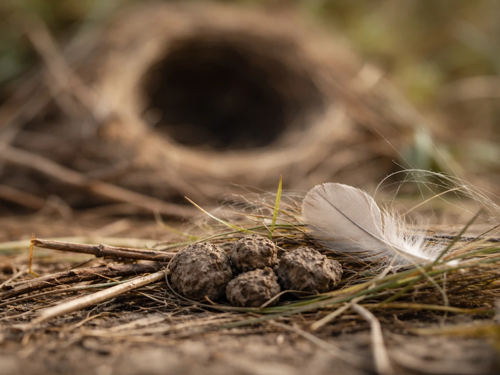Close-up of mixed nesting materials—twigs, grass, mud pellets, feathers—near a nest rim in soft focus.