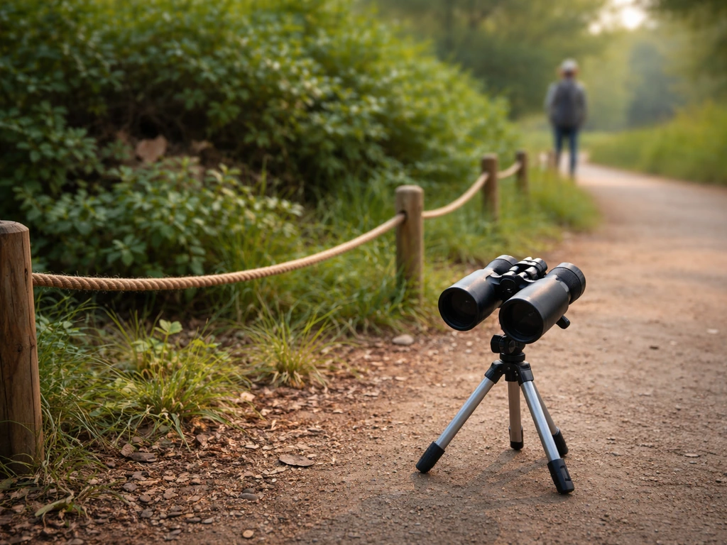 Binoculars on a park trail beside shrubs, with a rope boundary showing safe distance from a nest area.
