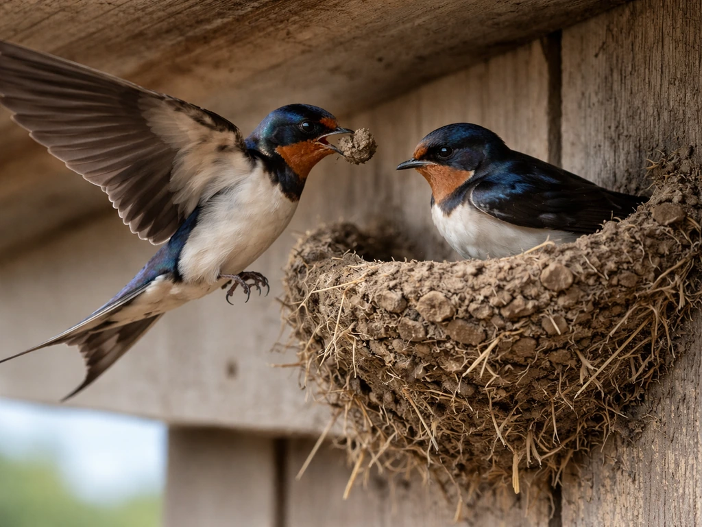 Two barn swallows cooperating at a visible nest, one bringing mud while the other shapes the cup.