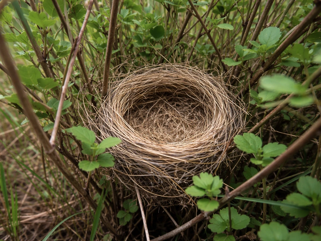 Close-up of a small grassy cup nest tucked in dense low shrubs, with fine lining texture visible.