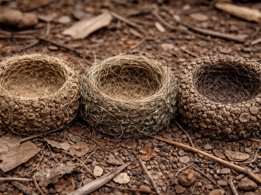 Three small bird nests showing different outer wall textures and smoother inner cup linings.