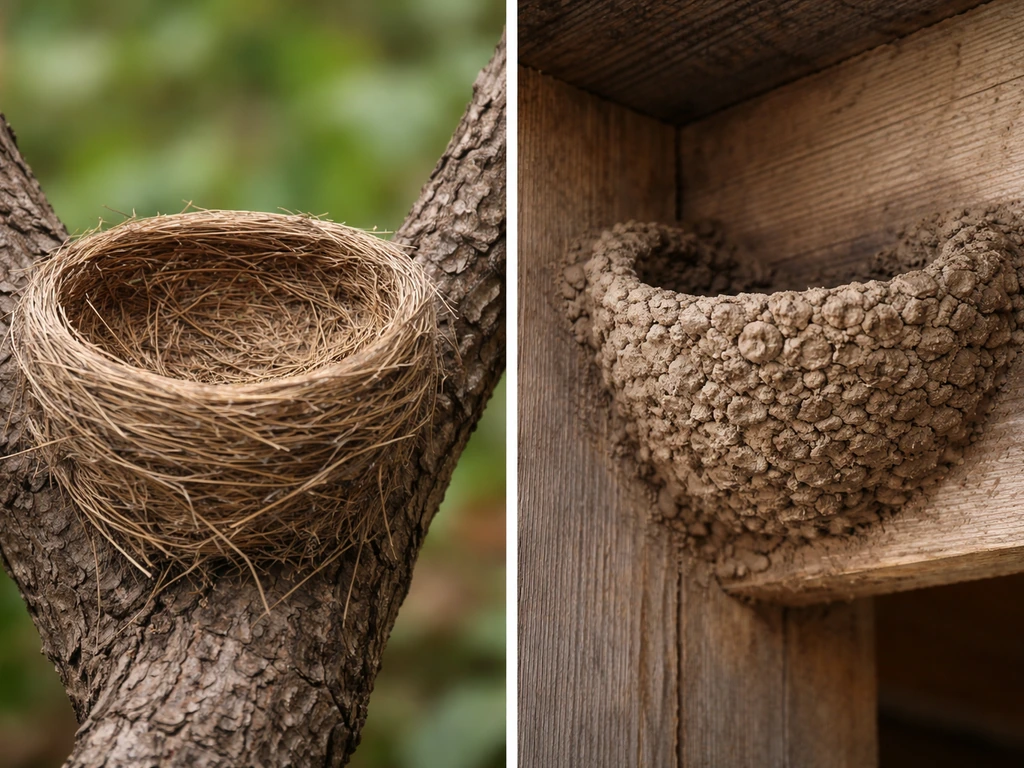 Closeup comparison of a robin’s cup nest on a branch and a barn swallow-style mud cup nest on a wall.
