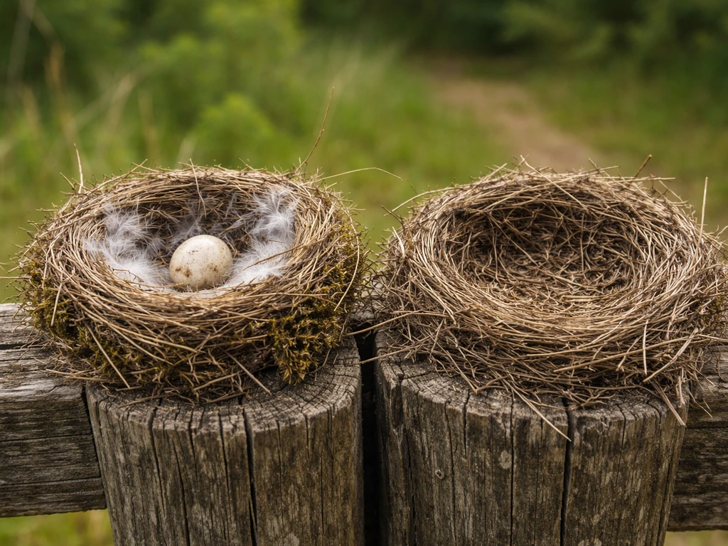 Two bird nests on a fence post: one with an egg and down, one empty with dry debris.