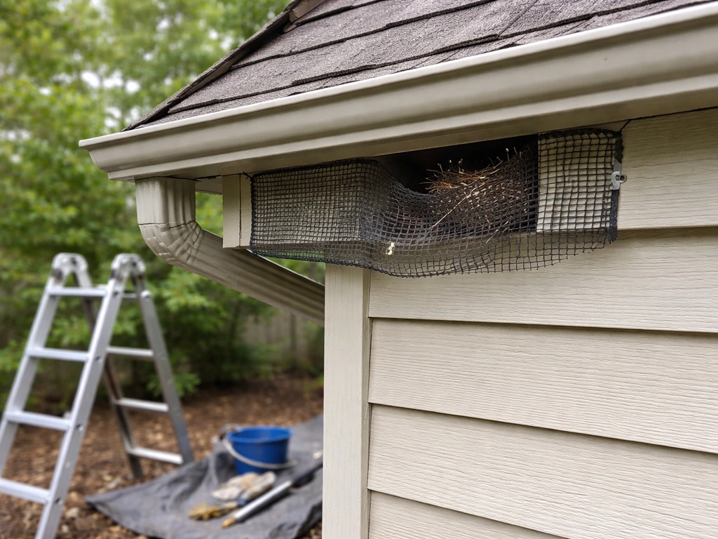 Residential eave with a small temporary barrier protecting an active bird nest; ladder and tools are set aside.