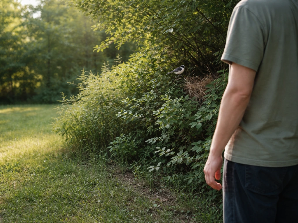 Anonymous person calmly observing a small bird near a hidden nest while keeping pets/area secure.