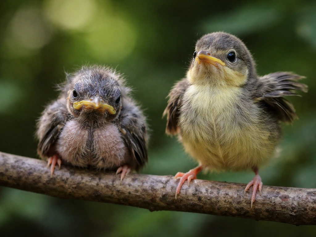 Close-up of nestling vs fledgling birds on a branch, showing featherless vs feathered stages.