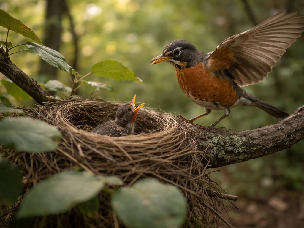 Adult bird lands near an undisturbed nest with a nestling inside, in leafy natural surroundings.