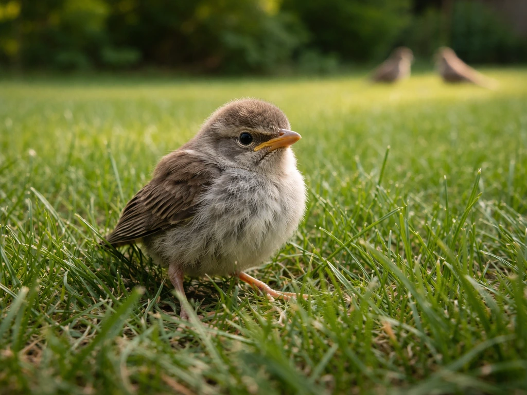 A small fledgling on a lawn, with a distant view suggesting adult birds returning nearby